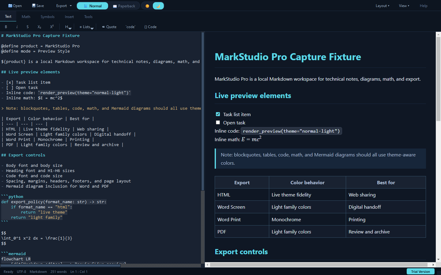 MarkStudio Pro editor and preview in Normal Dark mode