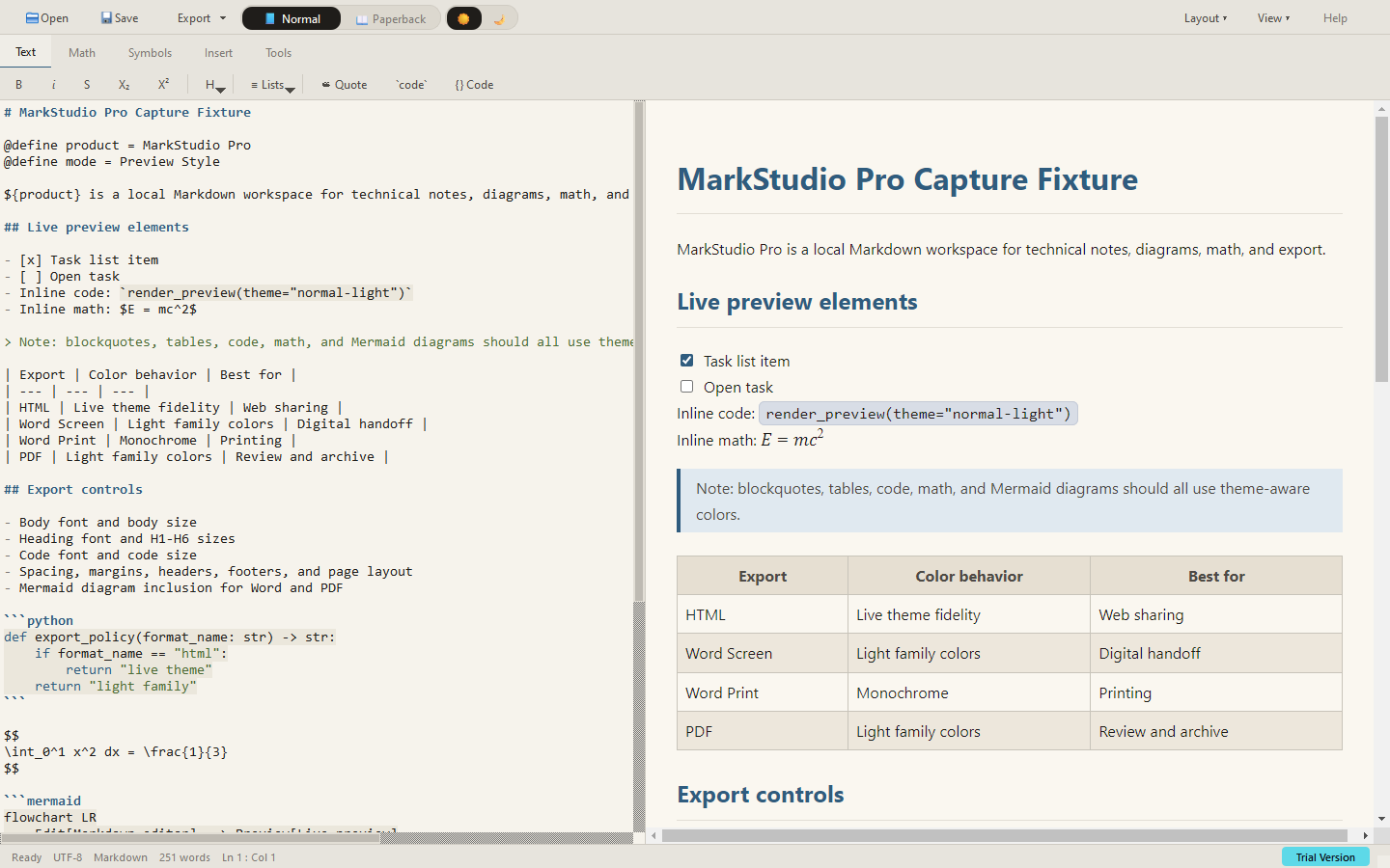 MarkStudio Pro split view with Markdown editor and rendered preview