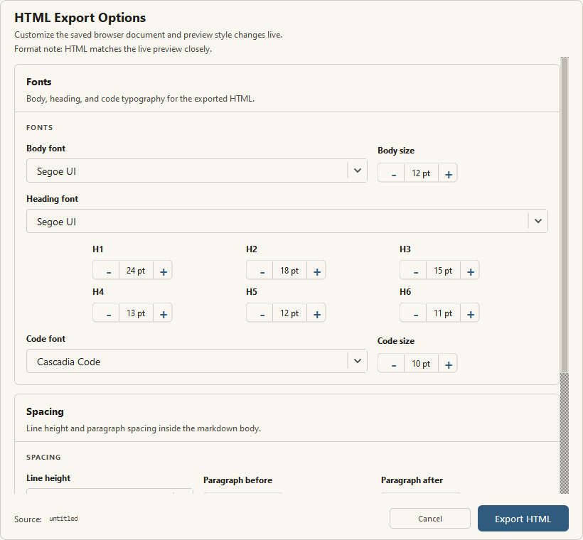 HTML Export Options dialog with font, heading size, spacing, width, and print margin controls