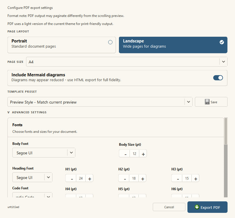 PDF Export Options dialog with page layout, Mermaid, template, typography, spacing, margin, header, and footer controls