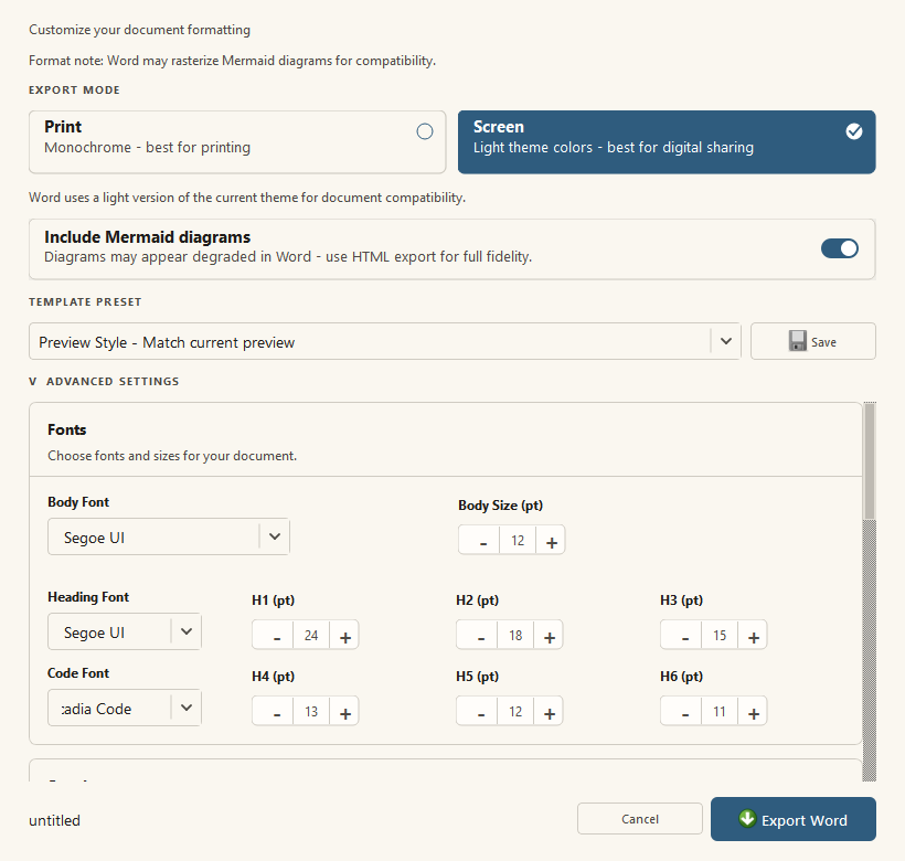 Word Export Options dialog with advanced typography, spacing, page number, header, and footer controls