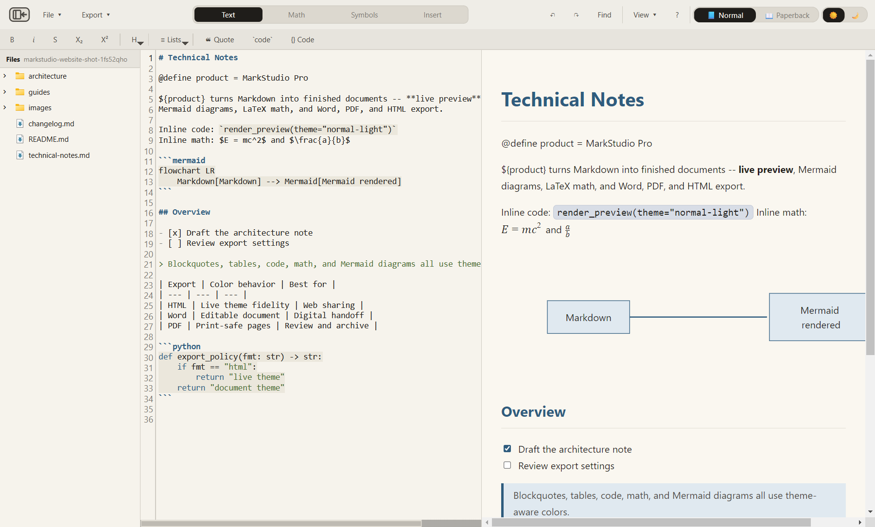 MarkStudio Pro file explorer showing an expanded project folder tree beside the editor and live preview