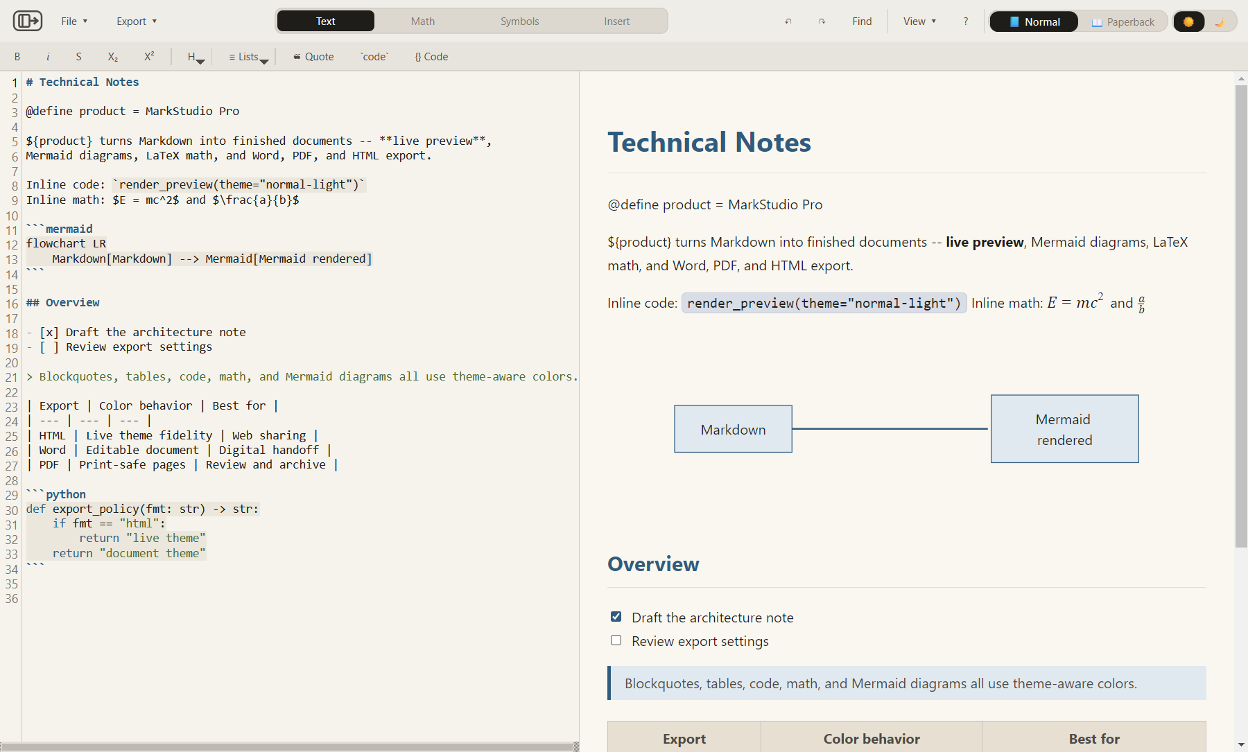 MarkStudio Pro split view showing Markdown source beside live preview with math, code, tables, and Mermaid diagrams
