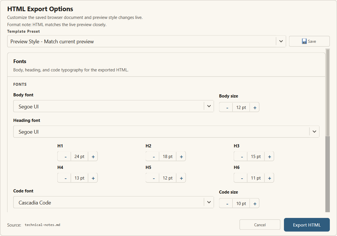 HTML Export Options dialog with font, heading size, spacing, width, and print margin controls