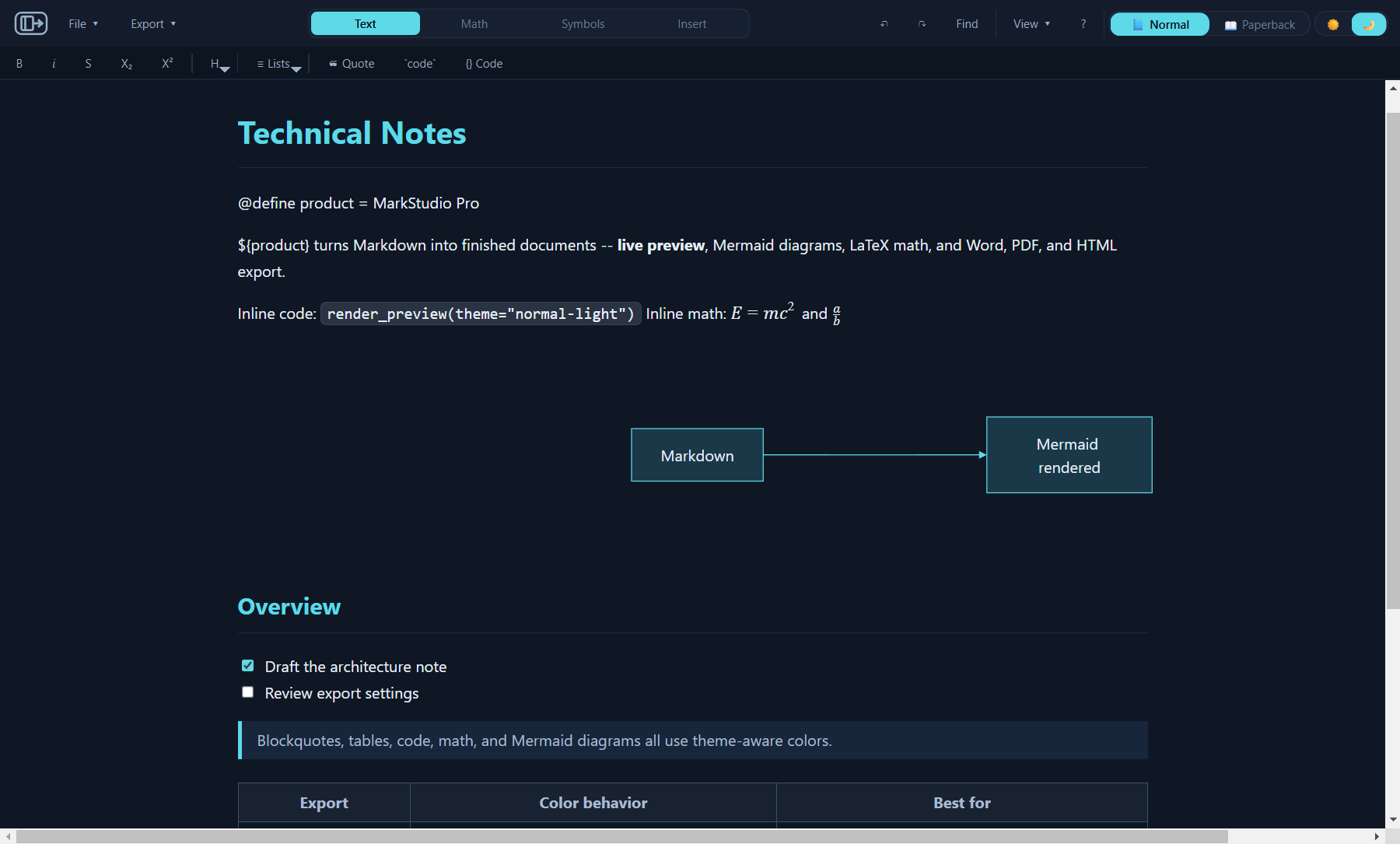 MarkStudio Pro preview showing math and Mermaid diagram rendering
