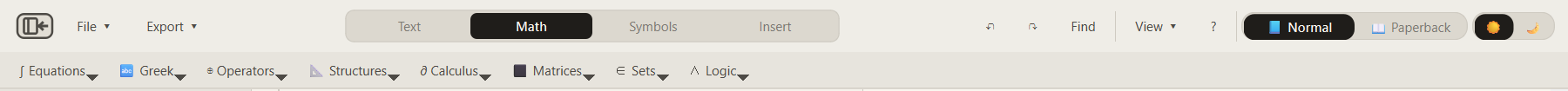 The Math toolbar with equation and symbol insertion controls