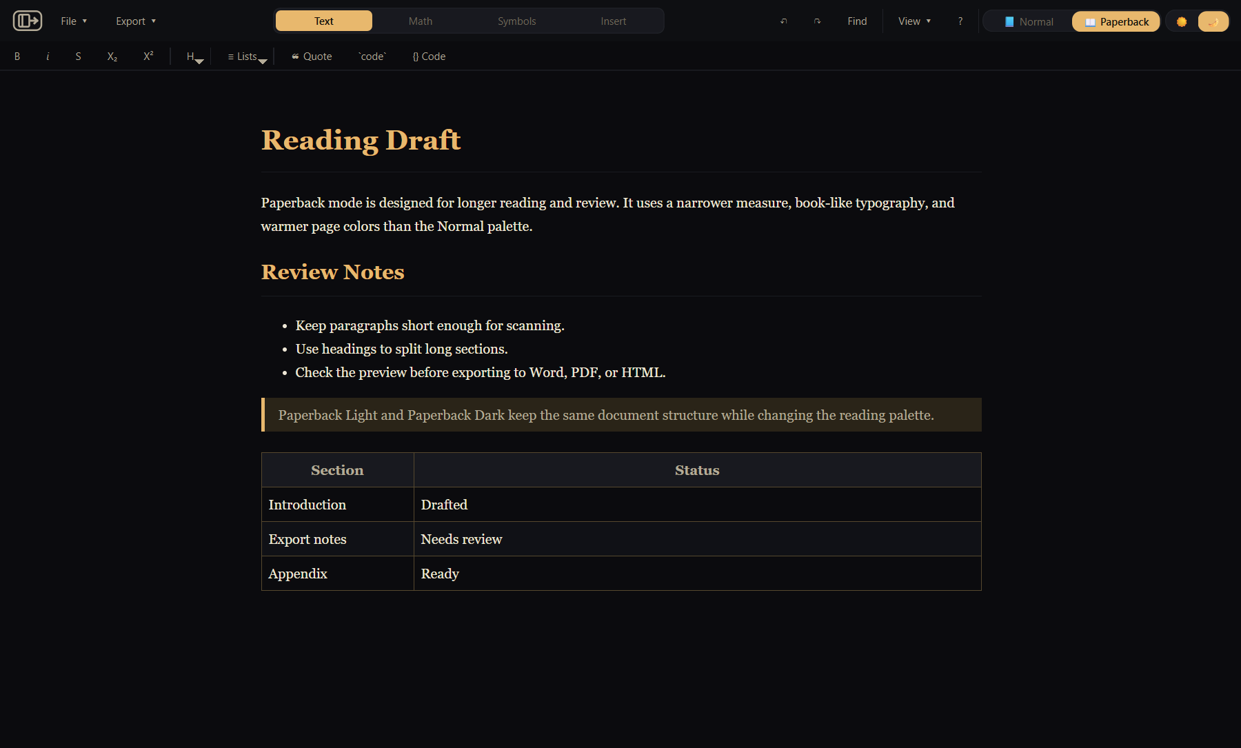 Paperback Dark preview with a warm dark reading theme and serif typography