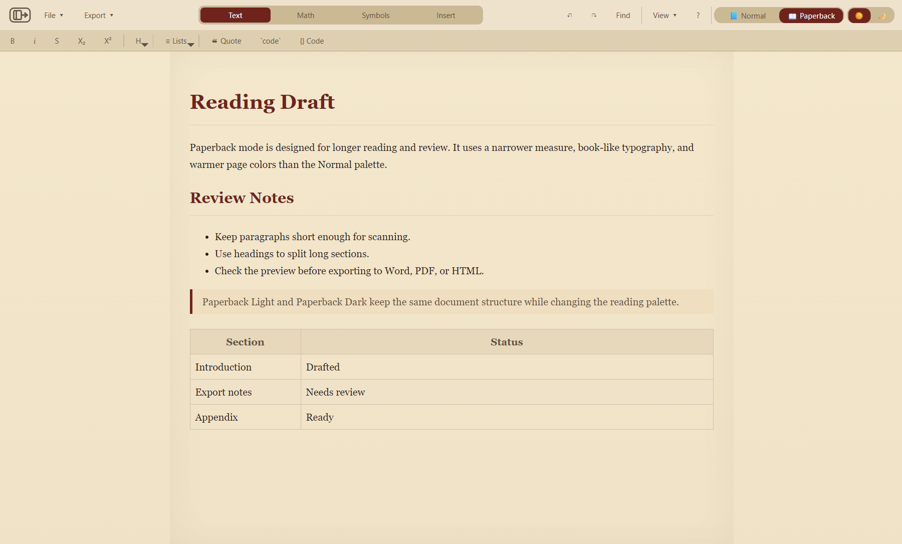 Paperback Light preview with narrow reading width and serif typography