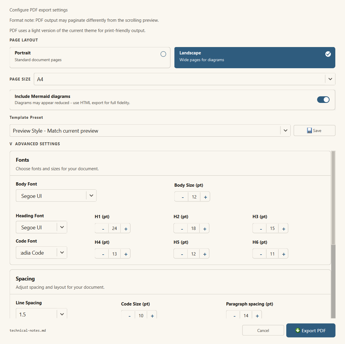 PDF Export Options dialog with page layout, Mermaid, template, typography, spacing, margin, header, and footer controls