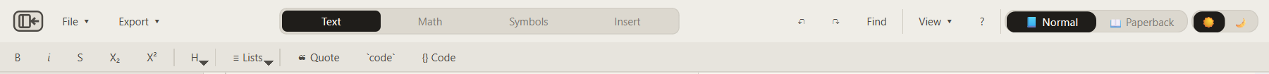 The Text toolbar with formatting, heading, list, quote, inline code, and code block controls