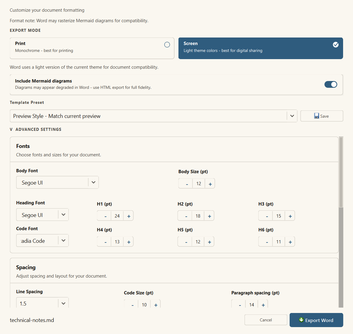 Word Export Options dialog showing typography, spacing, page number, header, and footer controls
