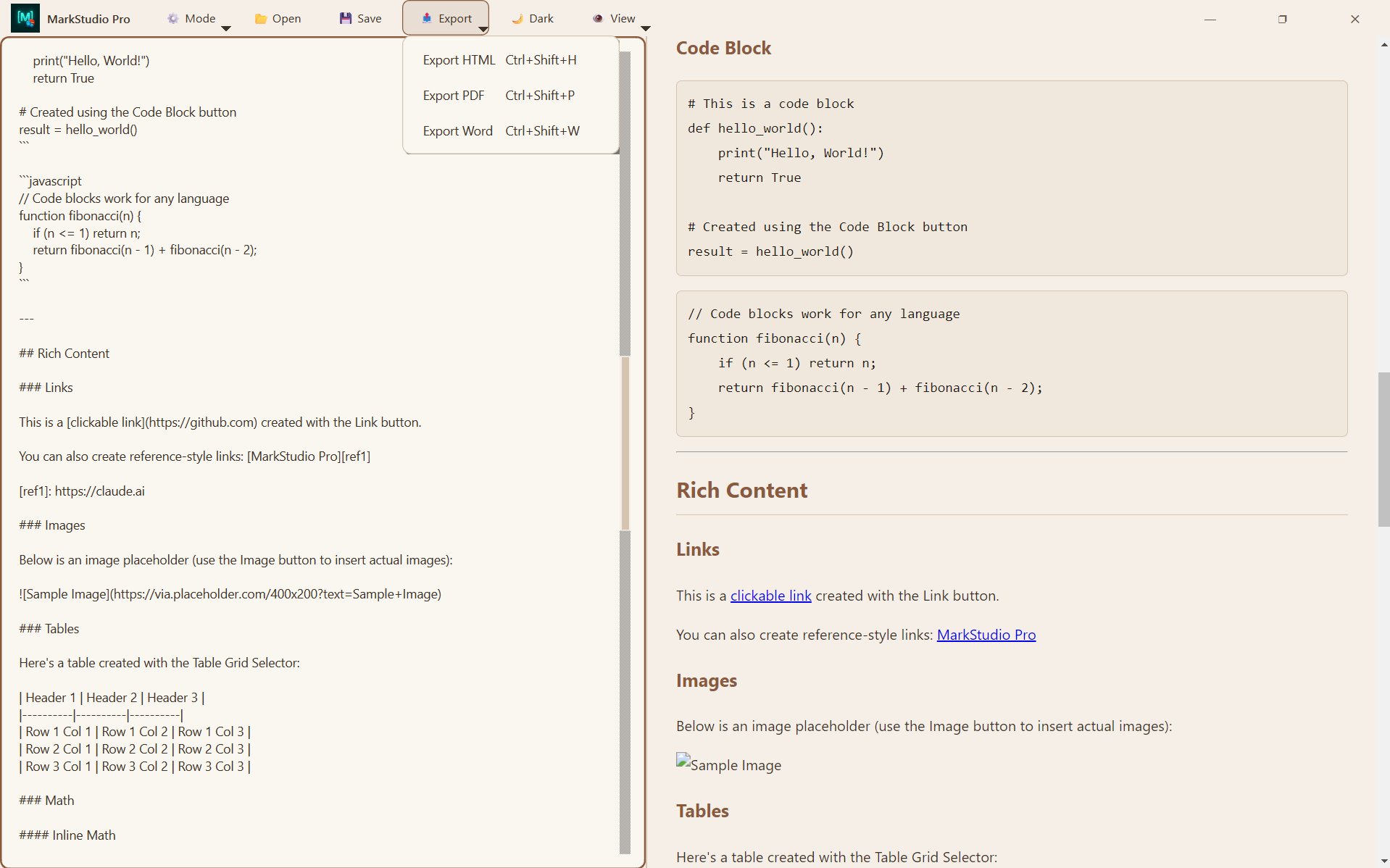 Export options in MarkStudio Pro
